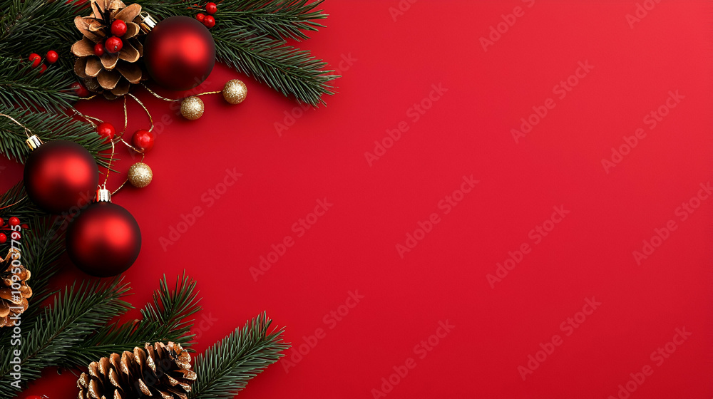 A festive arrangement of red ornaments, pinecones, and evergreen branches on a vibrant red background, perfect for holiday decorations.