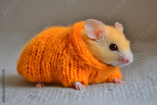 Pet hamster in a mini sweater, white background, soft focus. National Dress Up Your Pet Day. photo