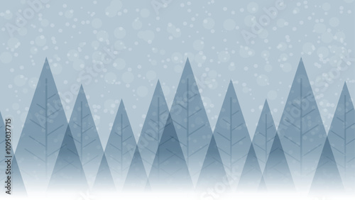 abstract winter template with silhouette of spruce forest and snowfall snow