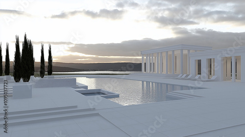 Minimalist architectural pool area with white building and soft lighting against the sky copy space