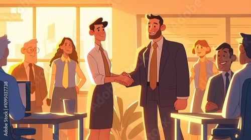 usiness Deal Sealed: Cartoon-Style Illustration of Young Businessman Shaking Hands with Team, Celebrating Success and Collaboration in an Office Meeting