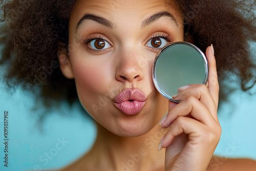 Girl with Botox-enhanced lips holding a compact mirror, admiring results photo