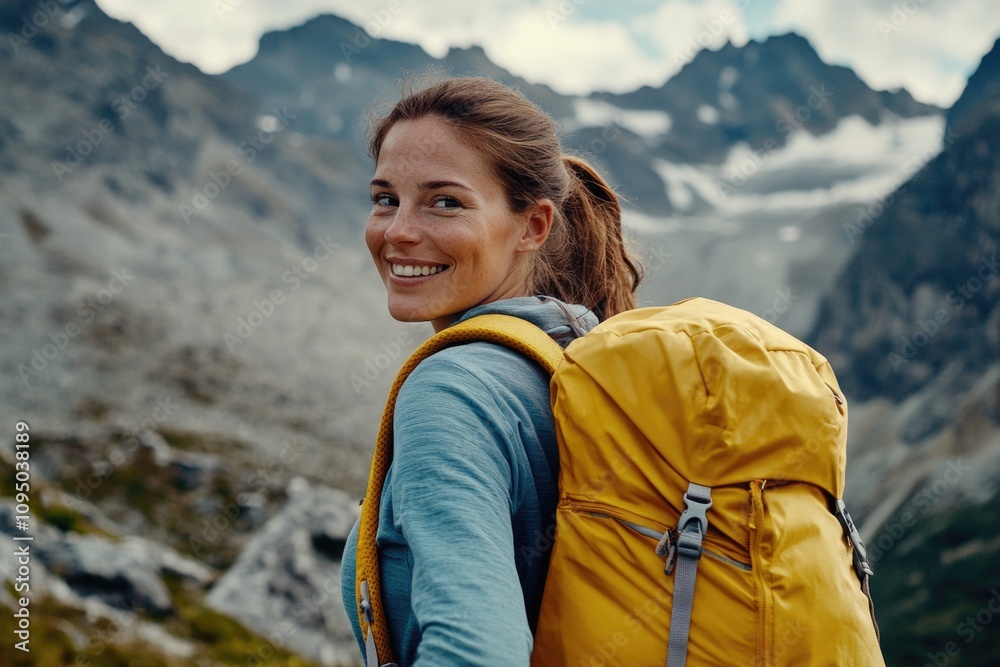 A happy woman smiling at the camera while wearing a yellow backpack A happy woman smiling at the camera while wearing a yellow backpack