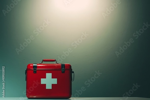 First aid kit arranged on table, ready for use, clean minimalist backdrop, bright lighting. Humanitarian Day. photo