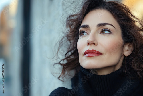 Middle-aged woman with glossy, full lips looking away thoughtfully photo