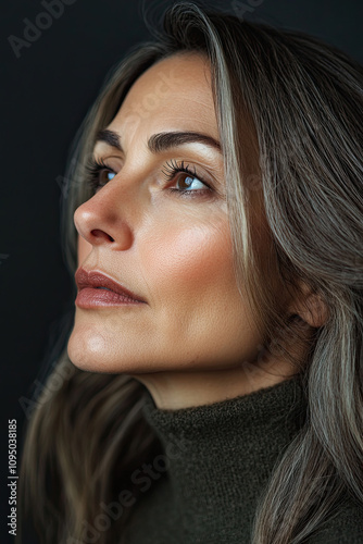 Middle-aged woman with glossy, full lips looking away thoughtfully photo