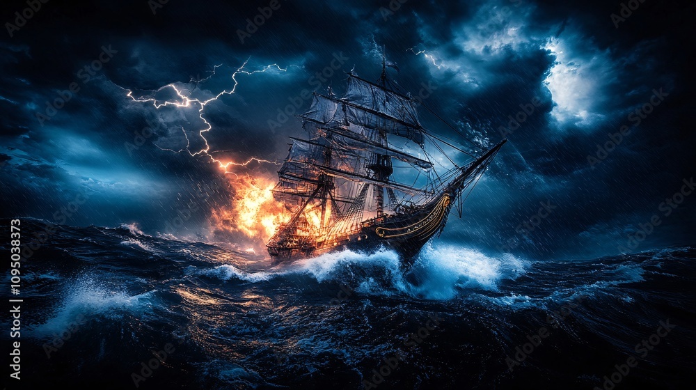 Obraz premium a thunderstorm at night on the sea with a big ship and rain
