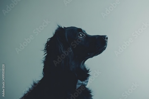 Dog wearing a tiny bow tie, plain white background, soft light. National Dress Up Your Pet Day. photo