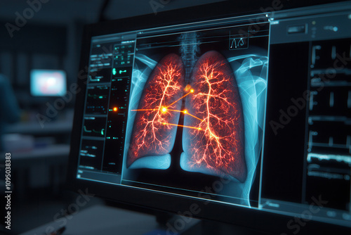 Artificial intelligence in medical detection. Advanced AI technology analyzing lung diagnostics on computer screen, showcasing intricate vascular patterns and highlighting precision in medical imaging