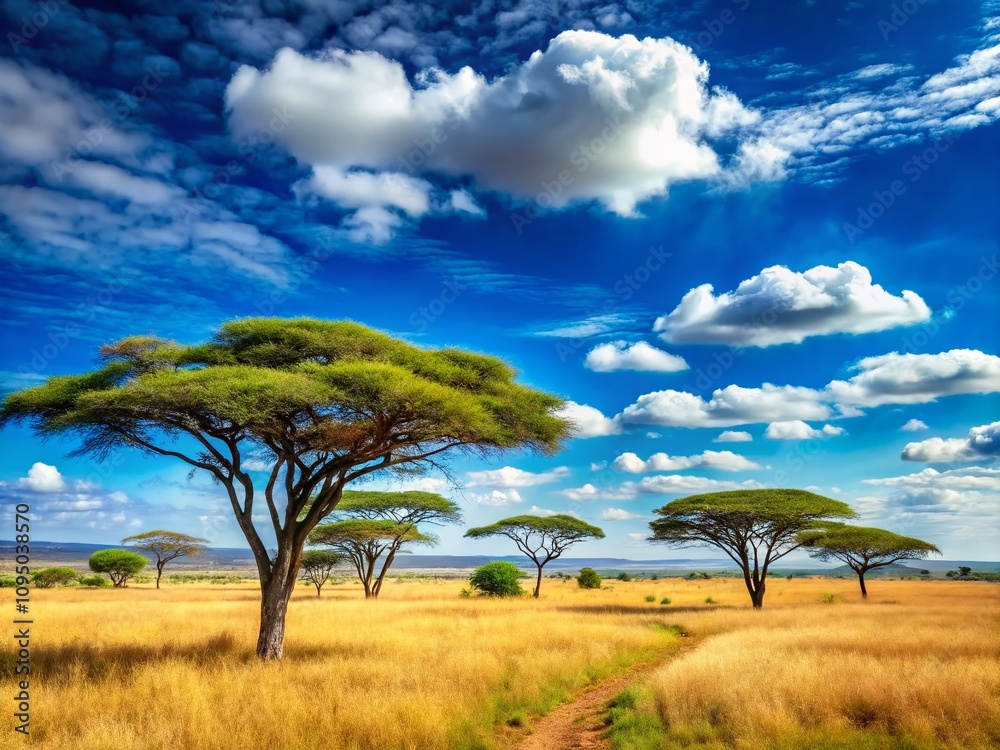 Majestic Safari Landscape with Acacia Trees and Clear Blue Sky, Ideal for Travel and Adventure Themes, Showcasing Nature's Beauty and Wilderness in an Expansive Scene Majestic Safari Landscape with Acacia Trees and Clear Blue Sky, Ideal for Travel and Adventure Themes, Showcasing Nature's Beauty and Wilderness in an Expansive Scene