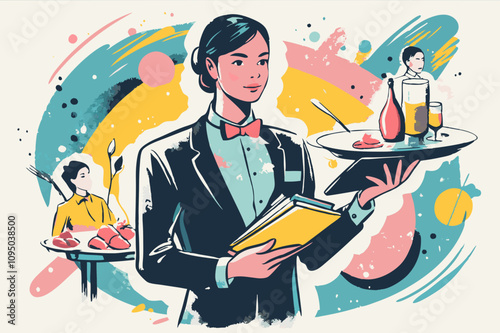 Elegant Waitress Serving Food and Drinks with Professionalism
