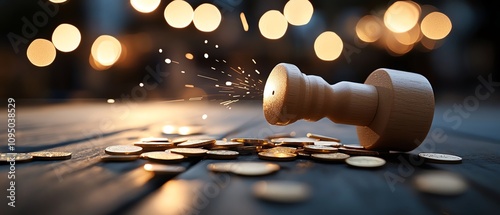 A closeup of a dreidel spinning on a table with golden coins scattered around photo