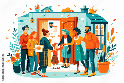 Colorful Illustration of Family Greeting Visitors at Home Entrance