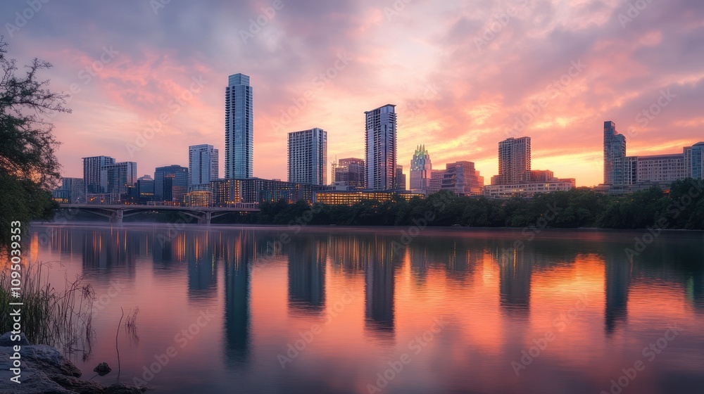 Austin Skyline Reflected in Calm Waters at Sunset Austin Skyline Reflected in Calm Waters at Sunset