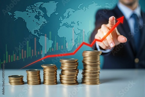 Financial Growth Concept: Stacked Coins, Rising Arrow, and Stock Market Chart on Global Map Background