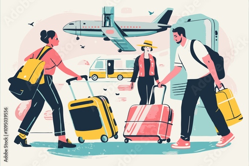 Travelers with Luggage at the Airport Terminal Illustration