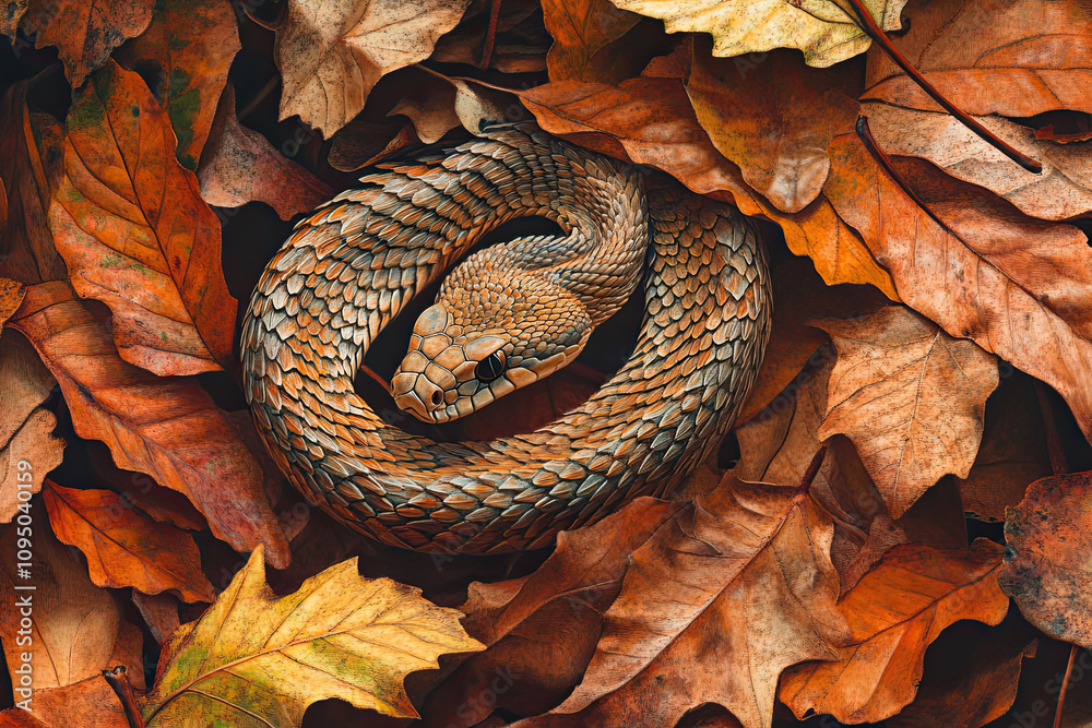 Fototapeta premium Rattlesnake camouflaged among dry leaves