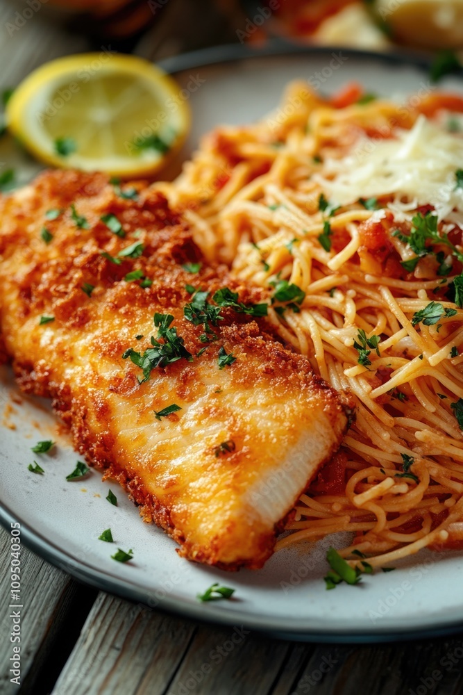 A plate of pasta topped with meat, great for food or dinner scenes
