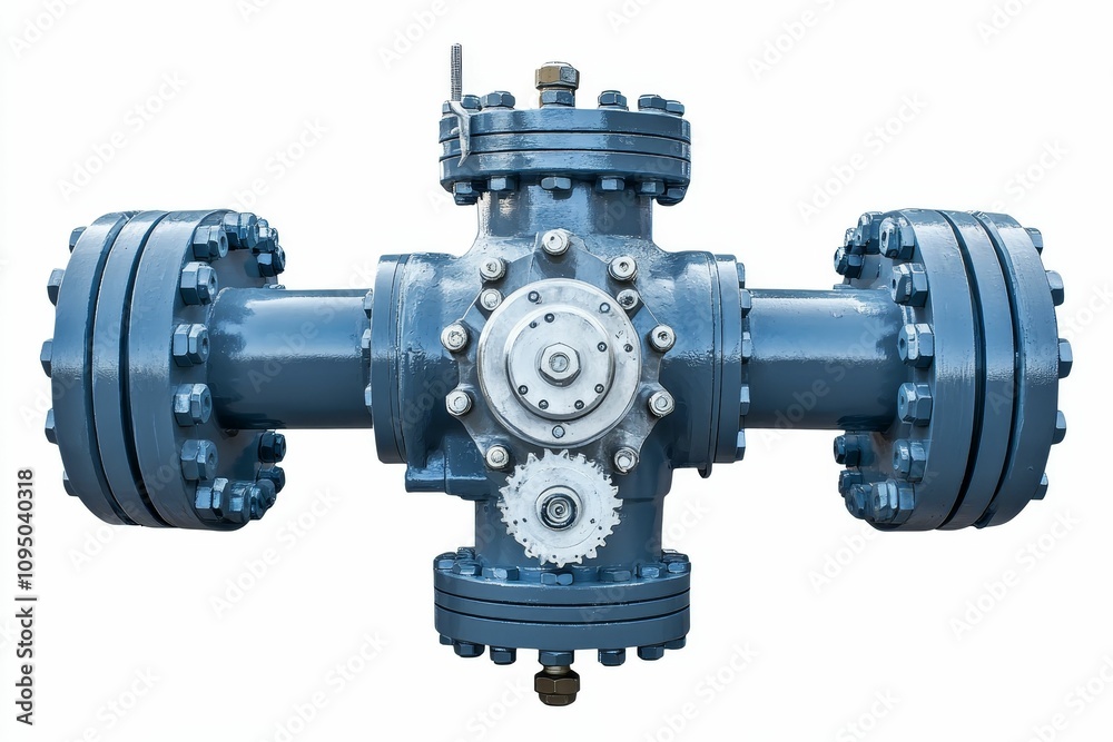 Industrial valve, bolted, blue, metallic, complex. Industrial valve, bolted, blue, metallic, complex.