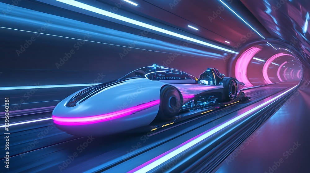 Futuristic Vehicle Speeds Through Neon Lit Tunnel Futuristic Vehicle Speeds Through Neon Lit Tunnel