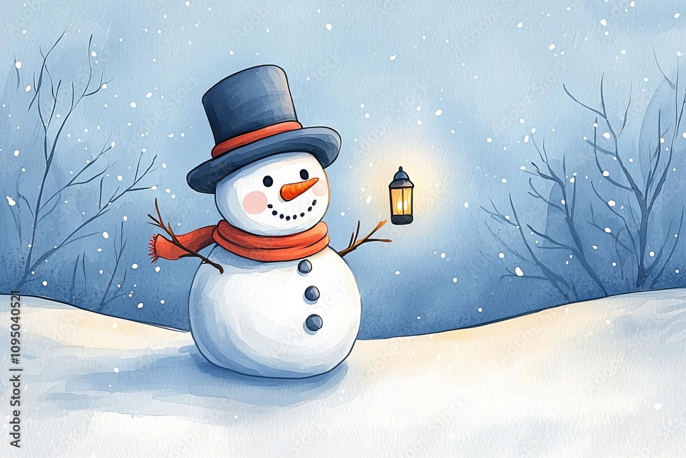 A cheerful snowman with a lantern, surrounded by a snowy landscape under a blue sky. A cheerful snowman with a lantern, surrounded by a snowy landscape under a blue sky.