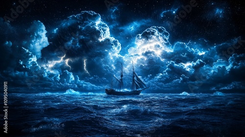 a thunderstorm at night on the sea with a big ship and rain