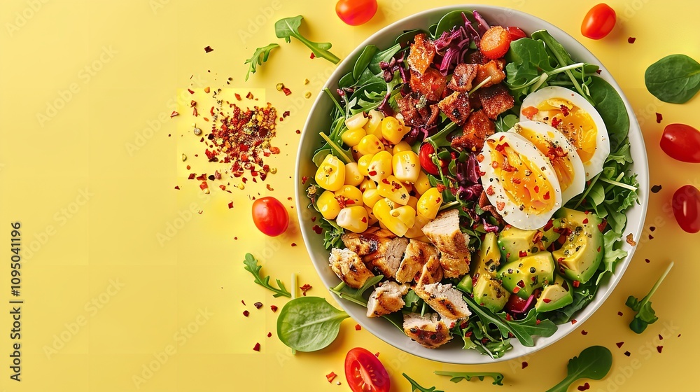 A serving of vibrant cobb salad with fresh ingredients seen from above and up against a pale yellow background with lots of space for writing, Generative AI. A serving of vibrant cobb salad with fresh ingredients seen from above and up against a pale yellow background with lots of space for writing, Generative AI.