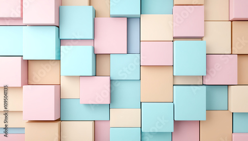 Abstract fractal designs. Colorful 3D mosaics create vibrant and playful wall design with pastel shades of blue, pink, and beige. This modern decor adds cheerful touch to any space