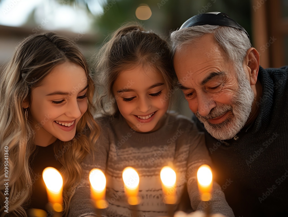 A family gathered around the menorah, lighting candles together A family gathered around the menorah, lighting candles together