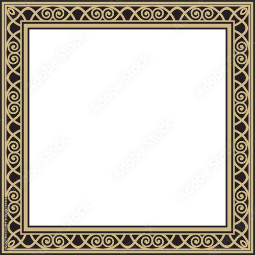 Vector gold and black square classic renaissance ornament. Endless european border, revival style frame