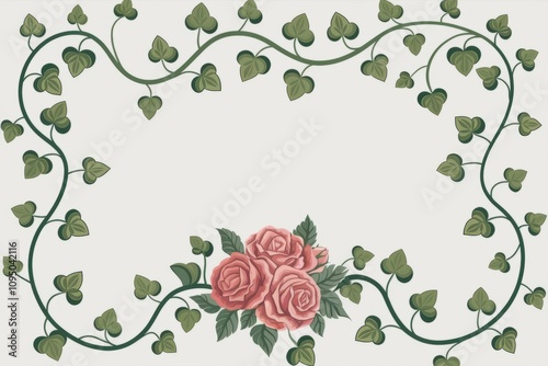 Fototapeta Naklejka Na Ścianę i Meble -  Roses and ivy frame. Elegant floral border; pink roses and green ivy create a romantic, vintage feel. Perfect for invitations or cards.