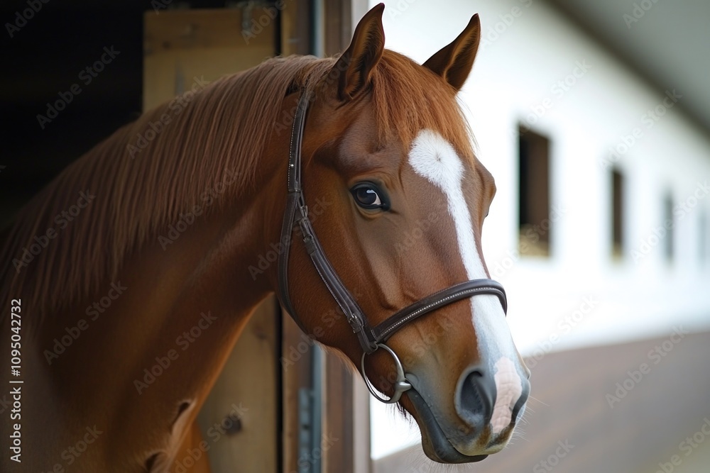 Fototapeta premium A close-up shot of a horse's head wearing a bridle, useful for horse riding or equine-related themes