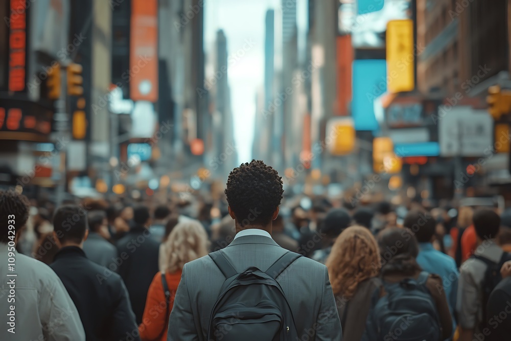 Blurred Times Square Businessman in Gray Suit, City Life Blurred Times Square Businessman in Gray Suit, City Life