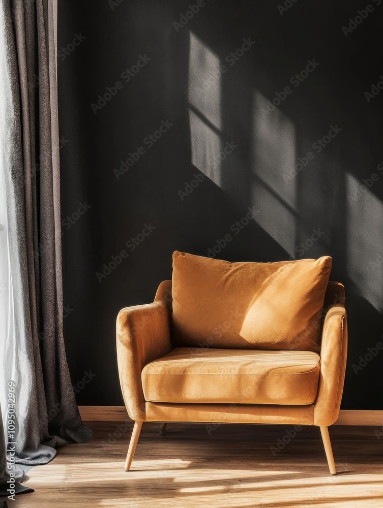 Mustard Velvet Armchair Against Dark Wall Mustard Velvet Armchair Against Dark Wall