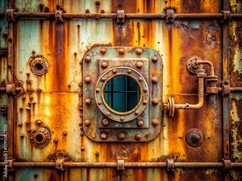 Minimalist Capture of Rusty Spaceship Bulkhead Door Surrounded by Intricate Pipes and Greebles, Highlighting Industrial Aesthetics and Futuristic Elements in a Subdued Palette photo