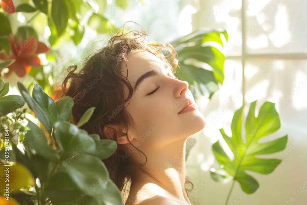 A person sits with their eyes closed, surrounded by a potted plant A person sits with their eyes closed, surrounded by a potted plant