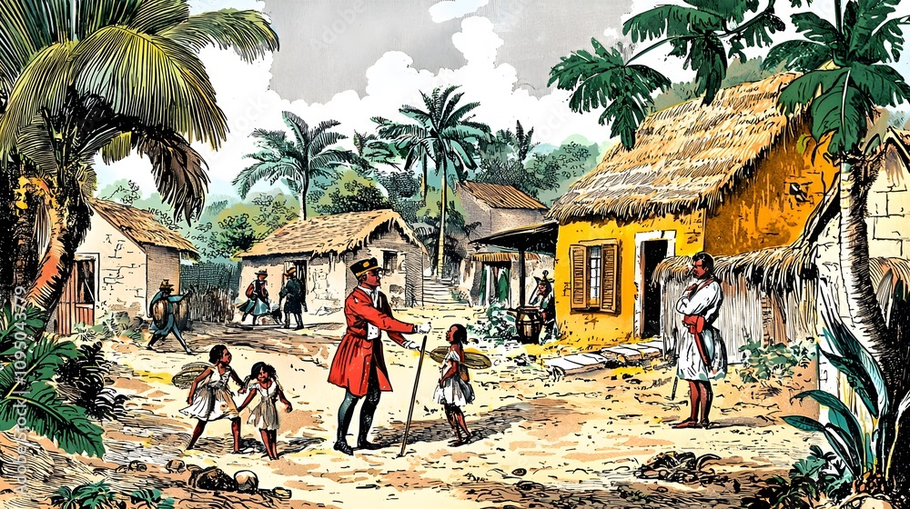 A colonial official collecting taxes from an indigenous family. A colonial official collecting taxes from an indigenous family.