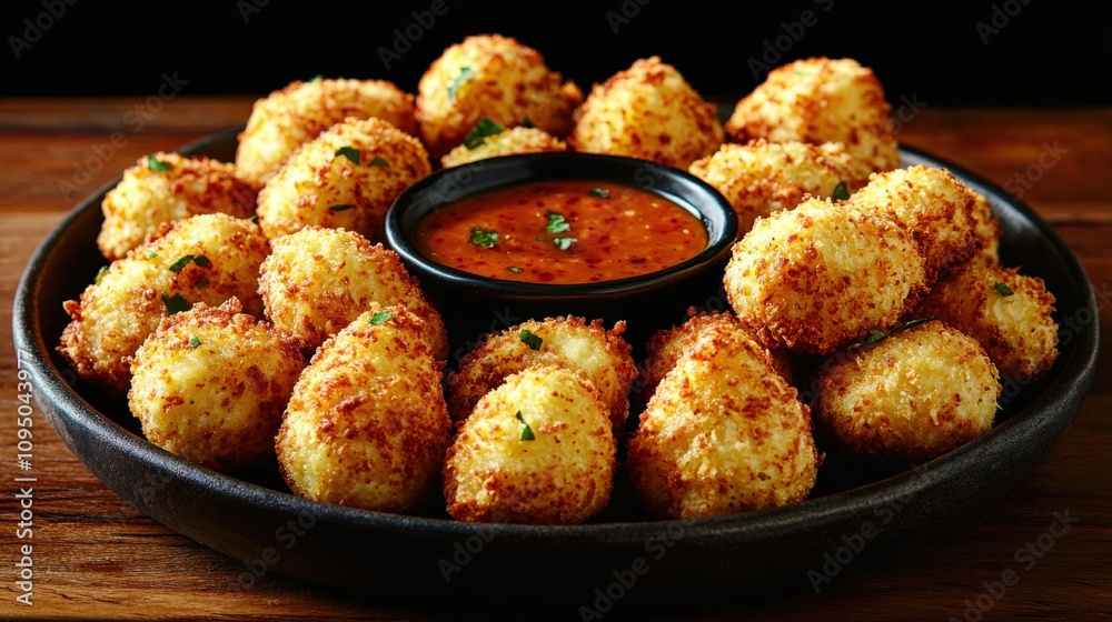 Delicious Crispy Arancini Rice Balls with Marinara Sauce on Black Plate Wooden Background - Perfect Italian Appetizer for Party, Event or Snack Lovers Delicious Crispy Arancini Rice Balls with Marinara Sauce on Black Plate Wooden Background - Perfect Italian Appetizer for Party, Event or Snack Lovers