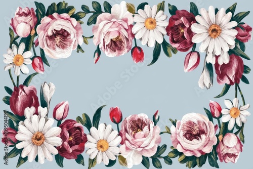 Floral frame design. Beautiful blooming roses, daisies, and tulips create a lovely frame.  Perfect for invitations or romantic projects.