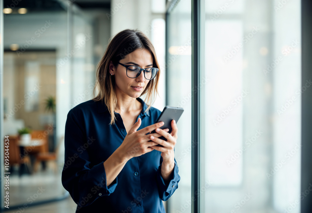 Focused Businesswoman Using Smartphone in Modern Office Environment Focused Businesswoman Using Smartphone in Modern Office Environment