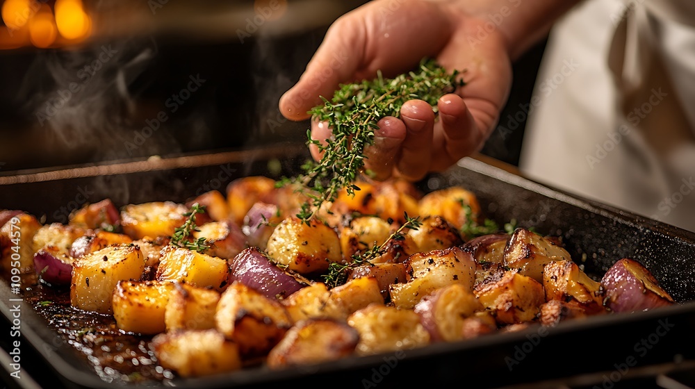 Naklejka premium A chef’s hand sprinkling thyme leaves over a sizzling pan of roasted vegetables, with the fresh herbs highlighted by warm, golden lighting for a natural and flavorful atmosphere. --ar 16:9