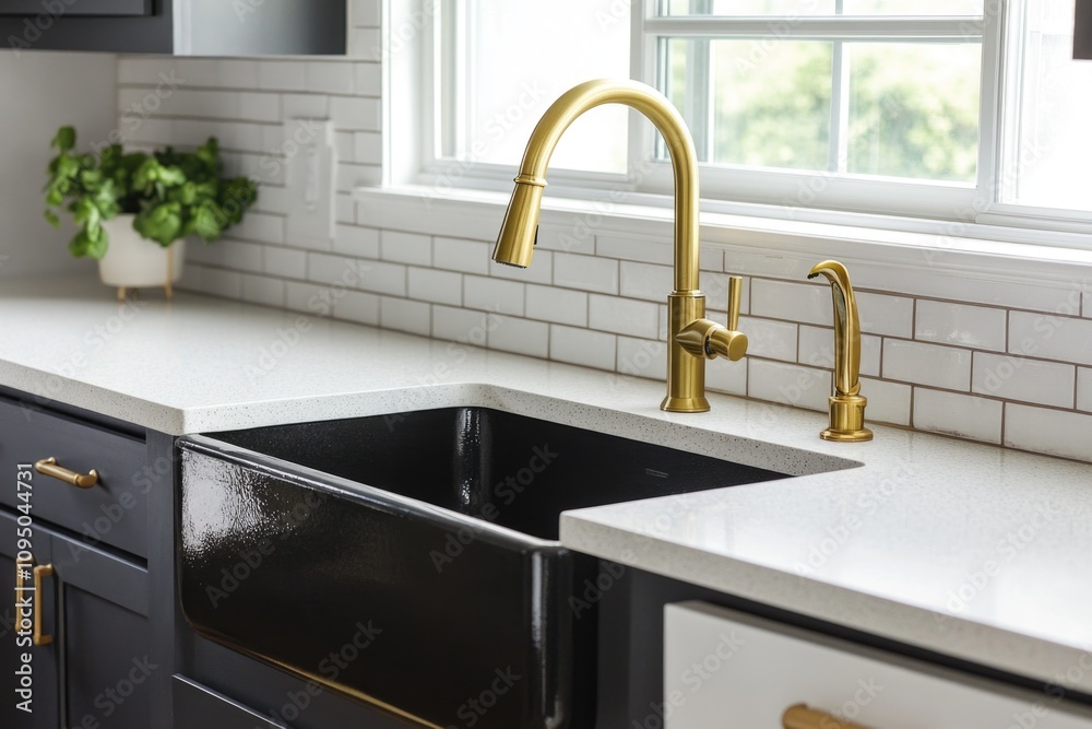 A modern kitchen with a black sink and a gold faucet, perfect for interior design inspiration or decoration ideas A modern kitchen with a black sink and a gold faucet, perfect for interior design inspiration or decoration ideas