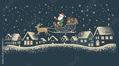 Illustration of Christmas card , a happy Santa Claus and his sleigh pulled by a reindeer flying visit a small village at night.