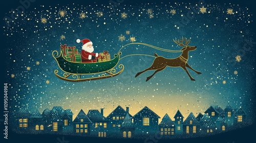 Illustration of Christmas card , a happy Santa Claus and his sleigh pulled by a reindeer flying visit a small village at night.