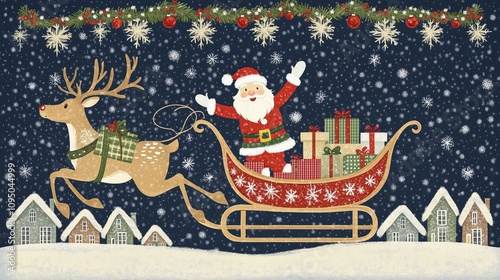Illustration of Christmas card , a happy Santa Claus and his sleigh pulled by a reindeer flying visit a small village at night.