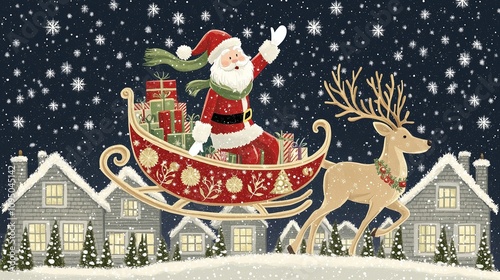 Illustration of Christmas card , a happy Santa Claus and his sleigh pulled by a reindeer flying visit a small village at night.