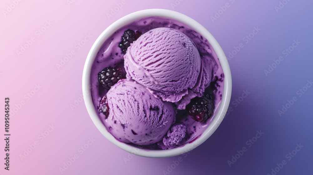 Two scoops of rich blackberry ice cream topped with fresh blackberries are presented in a clean white bowl against a soft gradient backdrop. Two scoops of rich blackberry ice cream topped with fresh blackberries are presented in a clean white bowl against a soft gradient backdrop.
