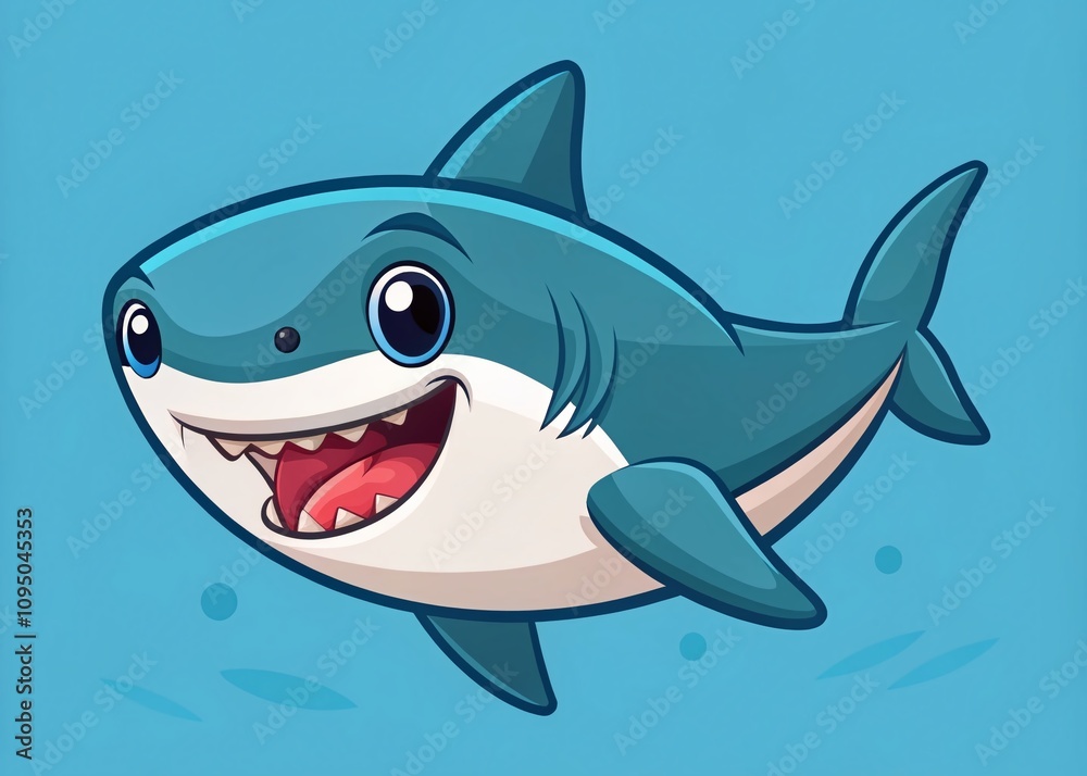 Minimalist Illustration of a Cute Shark with Open Mouth, Emphasizing Simplicity and Playfulness in Underwater Art Design for Children's Room Decor or Educational Materials