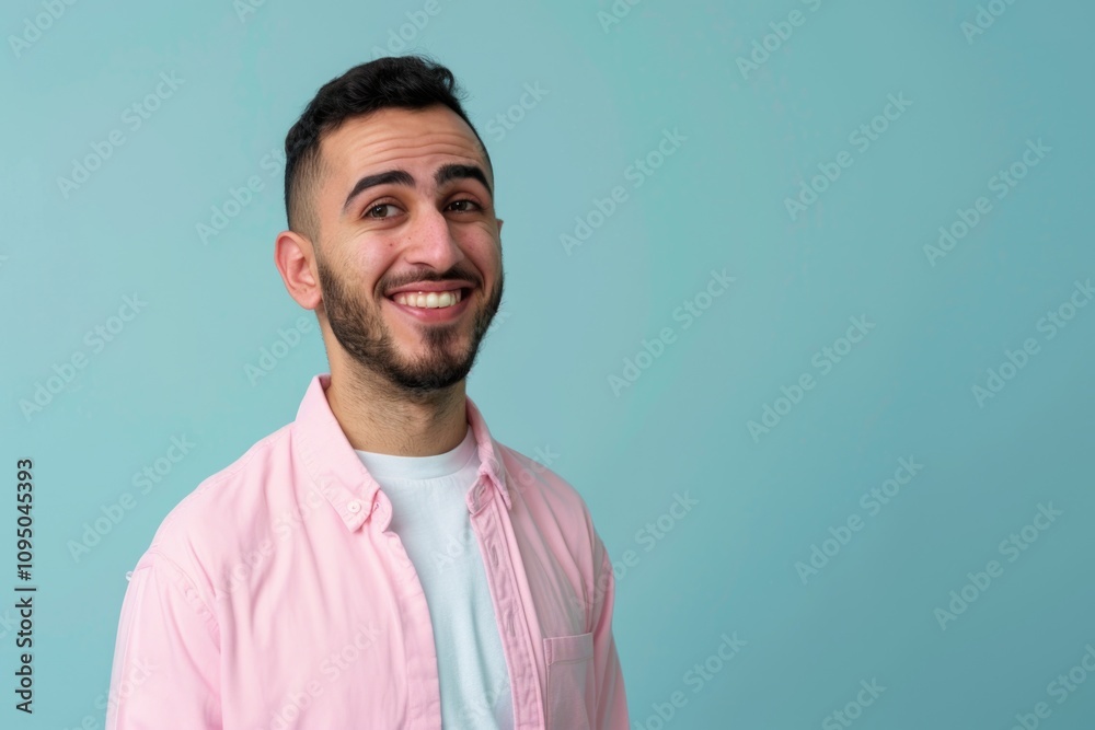 A person smiling at the camera wearing a bright pink shirt