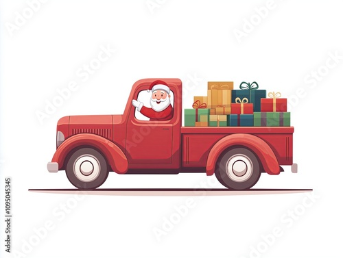 Illustration of  Santa claus and a red vintage truck which full load colorful gift boxes.